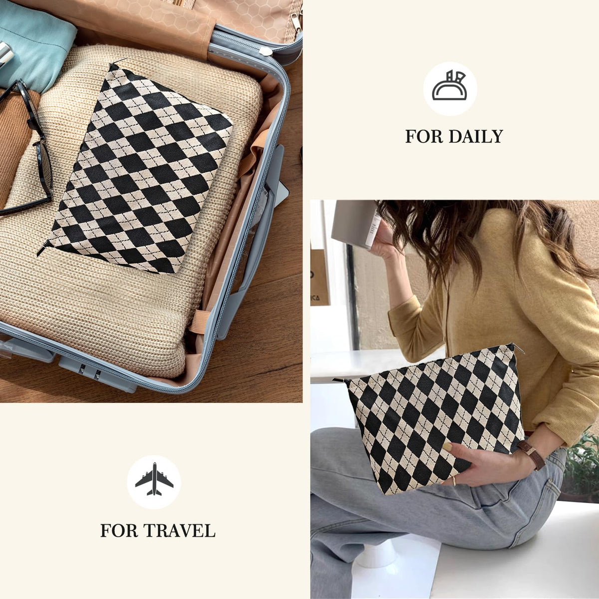 STARDW Parallel Checkered Makeup Bag lifestyle scene on a travel suitcase