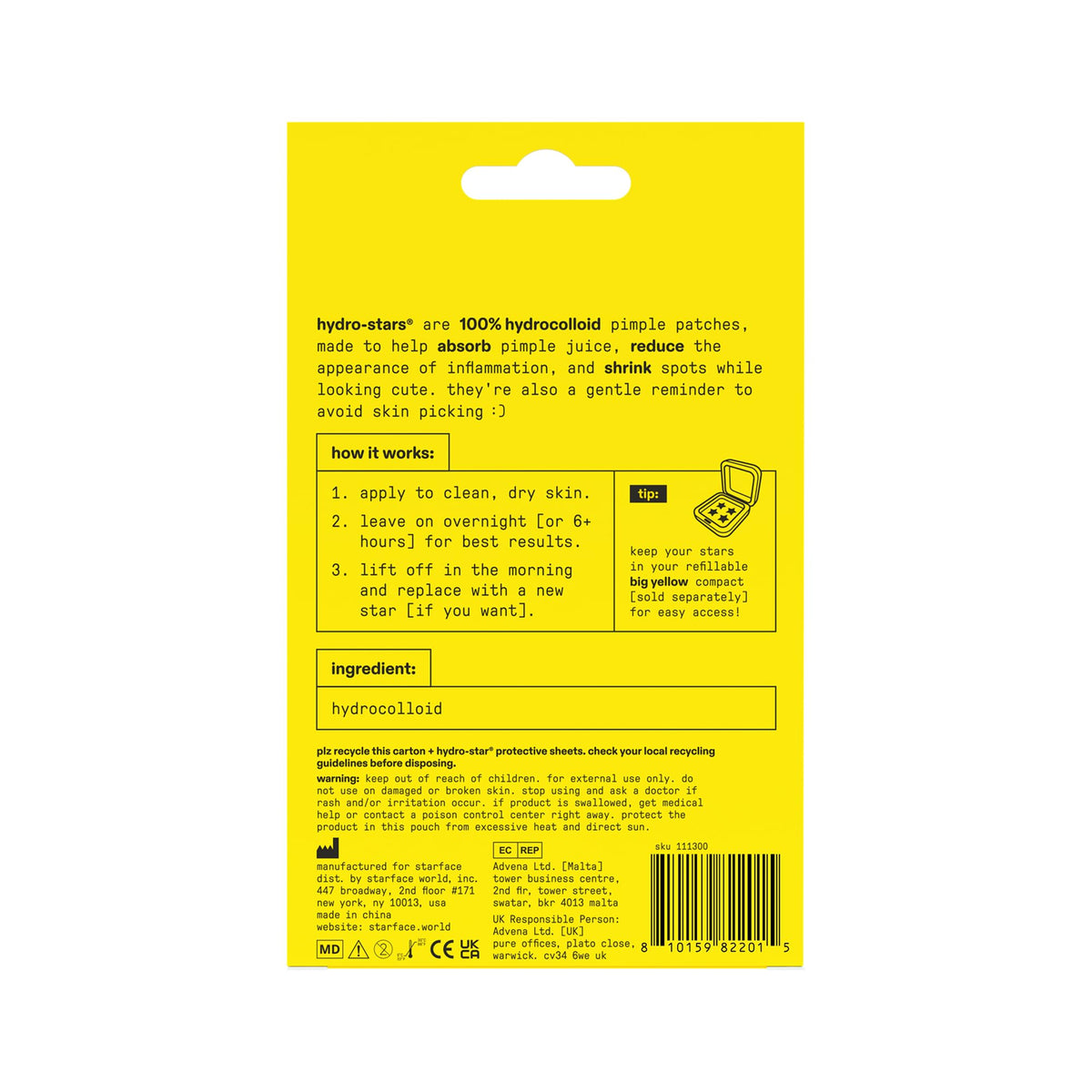 Starface Hydro-Star Yellow Hydrocolloid Pimple Patch back view