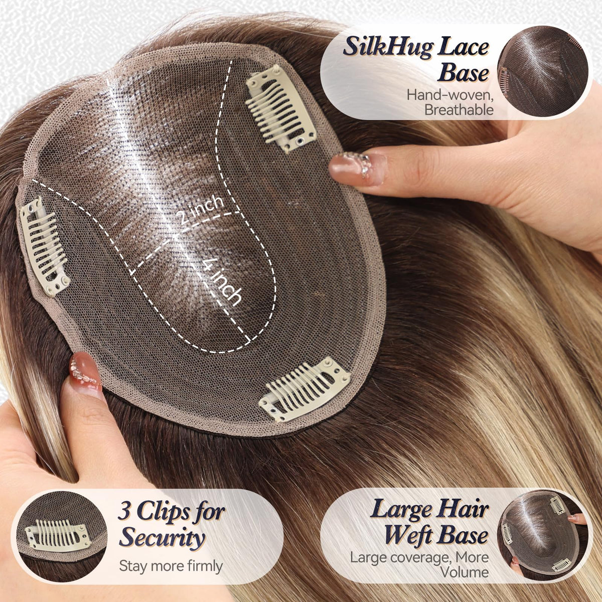 starluck 6x5 inch Large Swiss Base Human Hair Topper Ash Blonde Mixed Brown side view