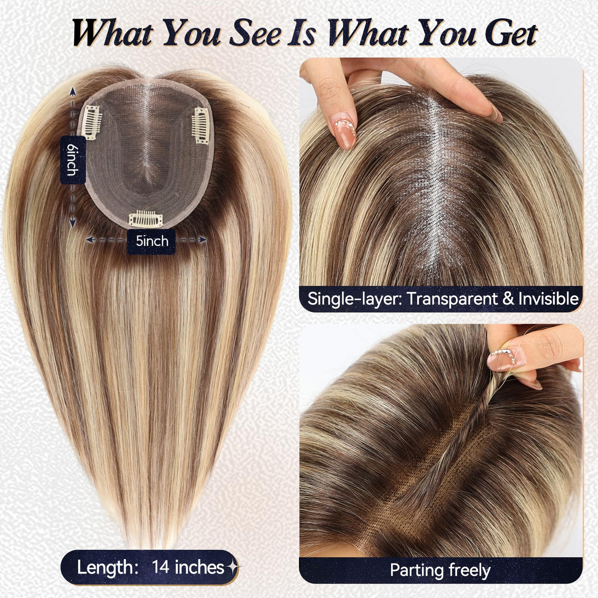 starluck 6x5 inch Large Swiss Base Human Hair Topper on a model