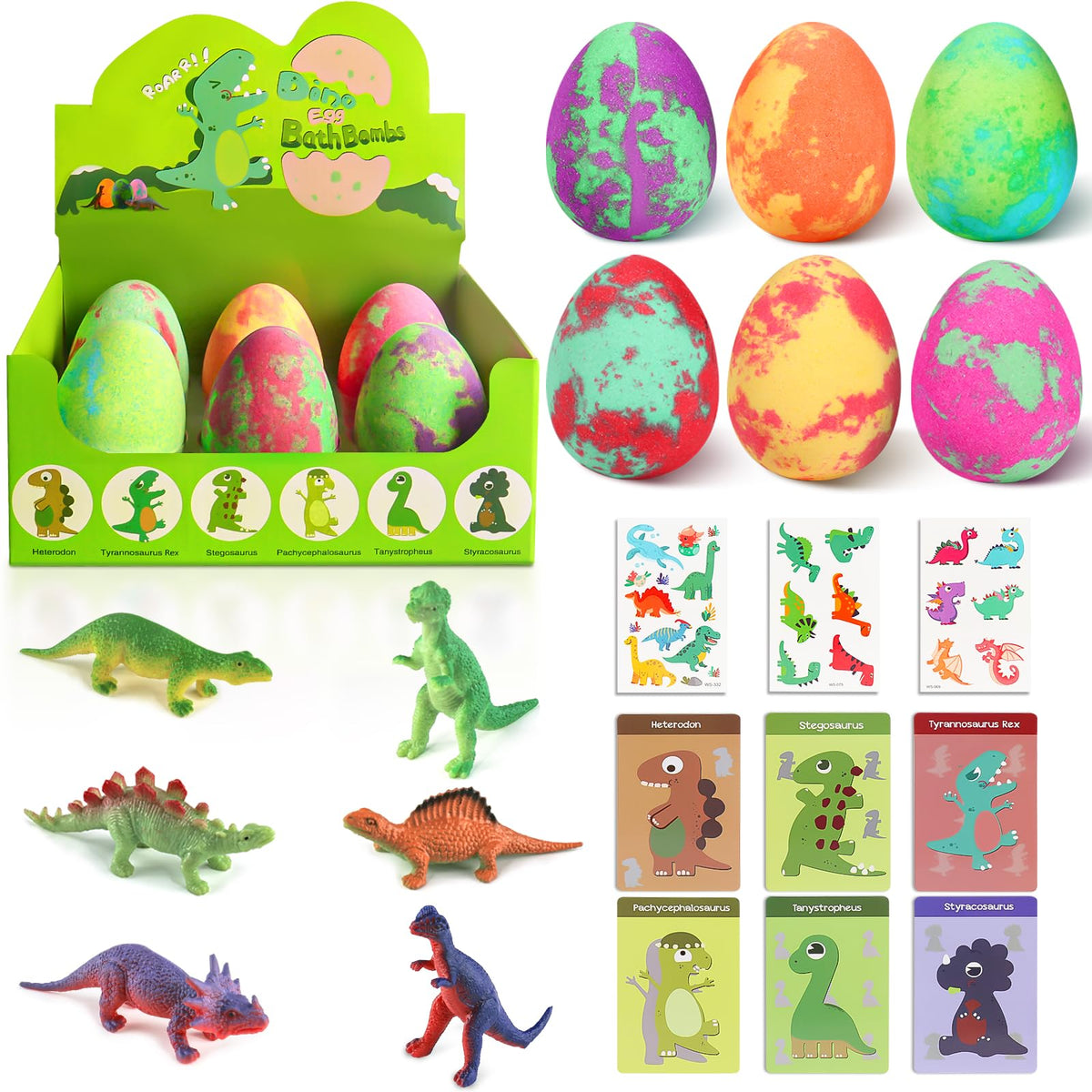 STARYAR Dino Egg Bath Bombs in a bathtub filled with colourful water