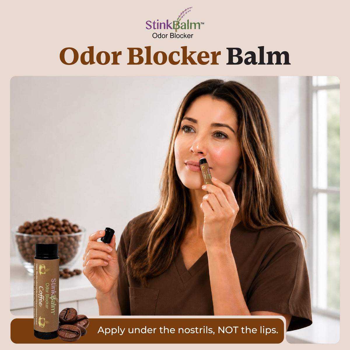 StinkBalm Coffee Under-Nose Balm back view showing ingredients