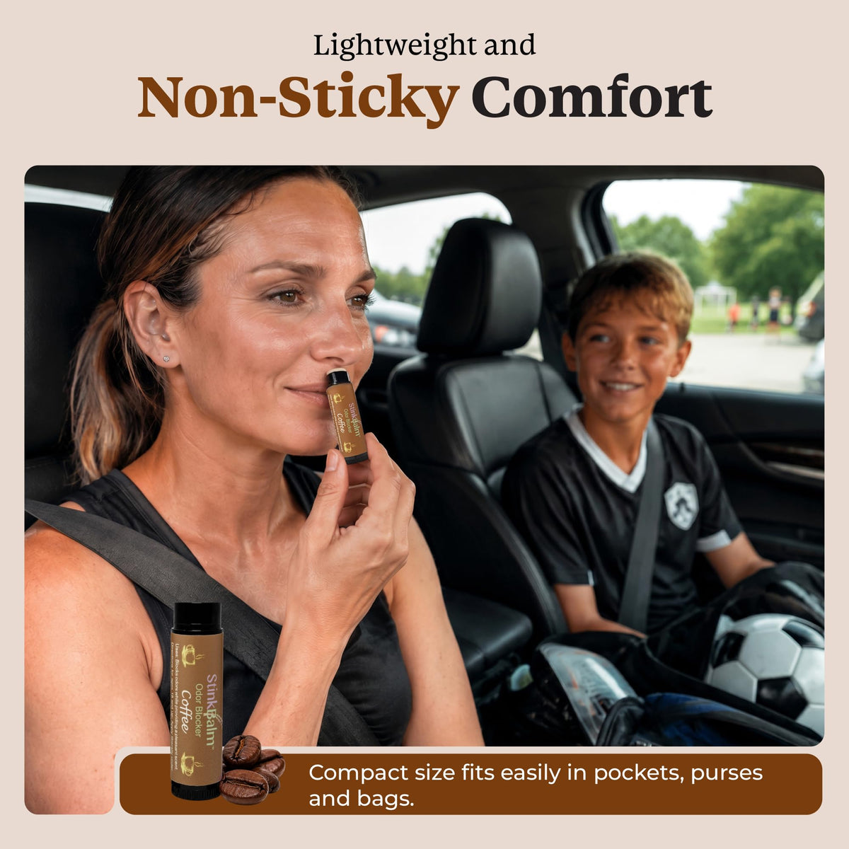 StinkBalm Coffee Under-Nose Balm being applied under the nose