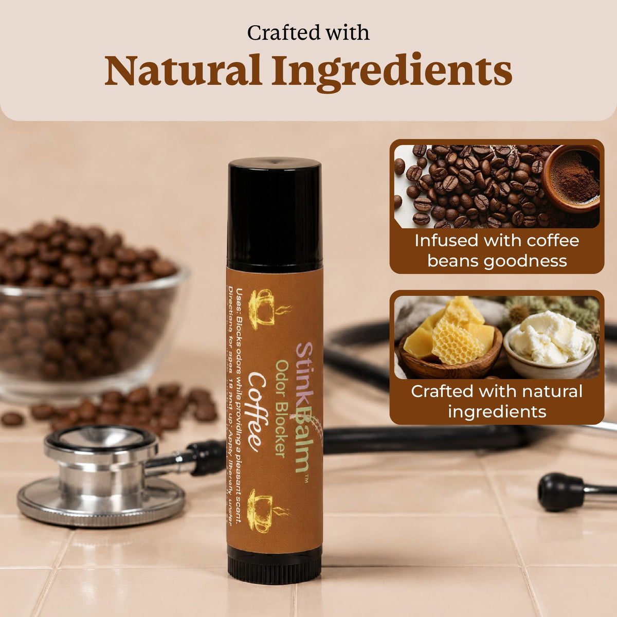 StinkBalm Coffee Under-Nose Balm in a pocket for portability