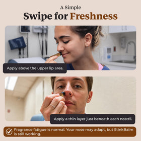 StinkBalm Coffee Under-Nose Balm lifestyle scene with coffee