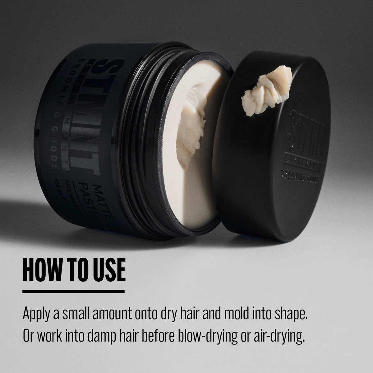 STMNT Matte Paste 3.38 oz lifestyle shot on grooming table