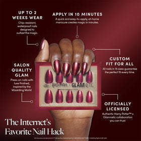 Storage box and accessories included with Glamnetic Gryffindor Press On Nails