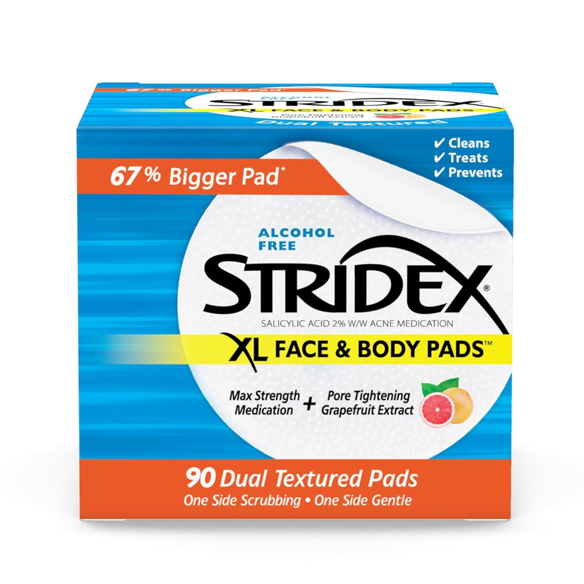 Stridex XL Face & Body Pads 90 Ct front view with packaging