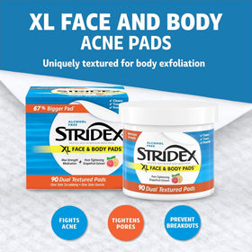 Stridex XL Face & Body Pads displayed on a bathroom counter