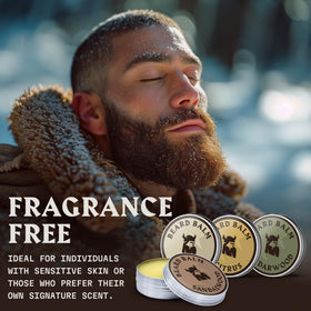 Striking Viking Beard Balm tin displaying sandalwood scent