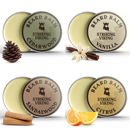 Striking Viking Beard Balm variety pack with four tins in assorted scents