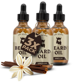 Striking Viking Beard Oil for Men Vanilla bottle on wooden table