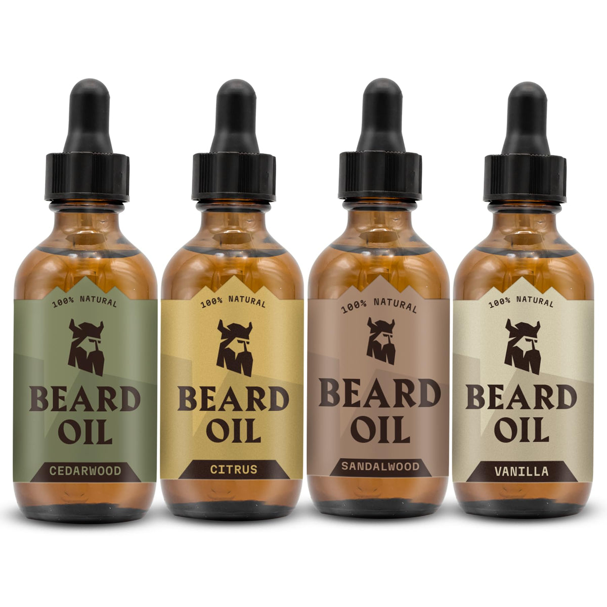 Striking Viking Beard Oil variety set with four bottles and scents