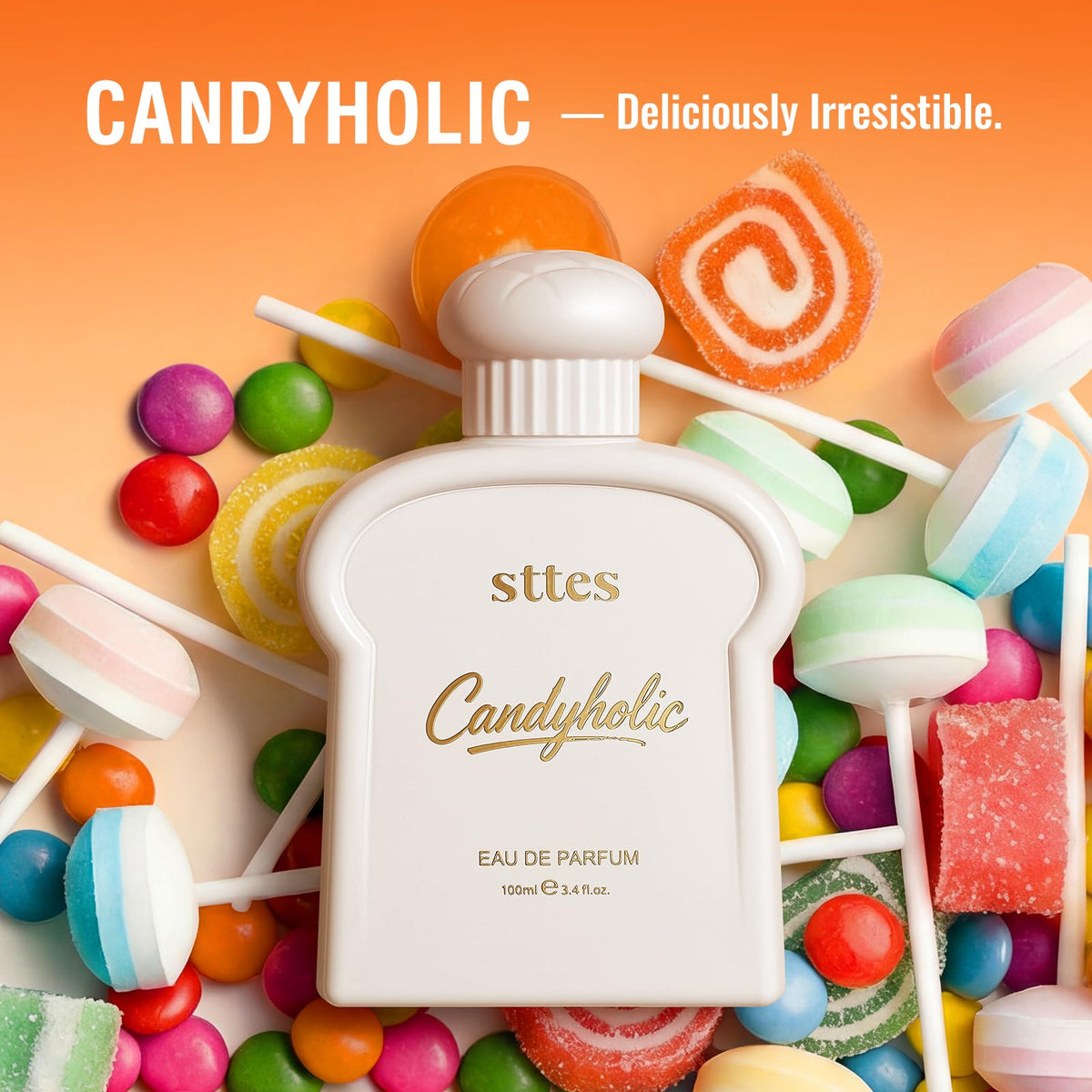 Sttes Candyholic Eau de Parfum 100ml displayed on a vanity