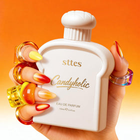 Sttes Candyholic Eau de Parfum bottle on a pastel background