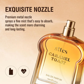 Sttes Caramel Toast Eau de Parfum bottle on a wooden table