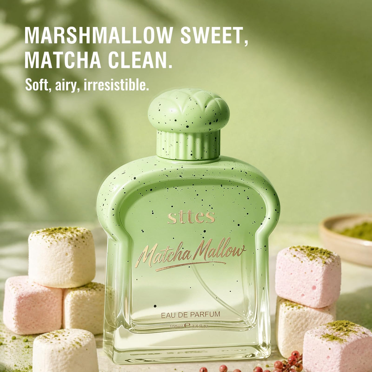 Sttes Matcha Mallow Eau de Parfum packaging with floral accents