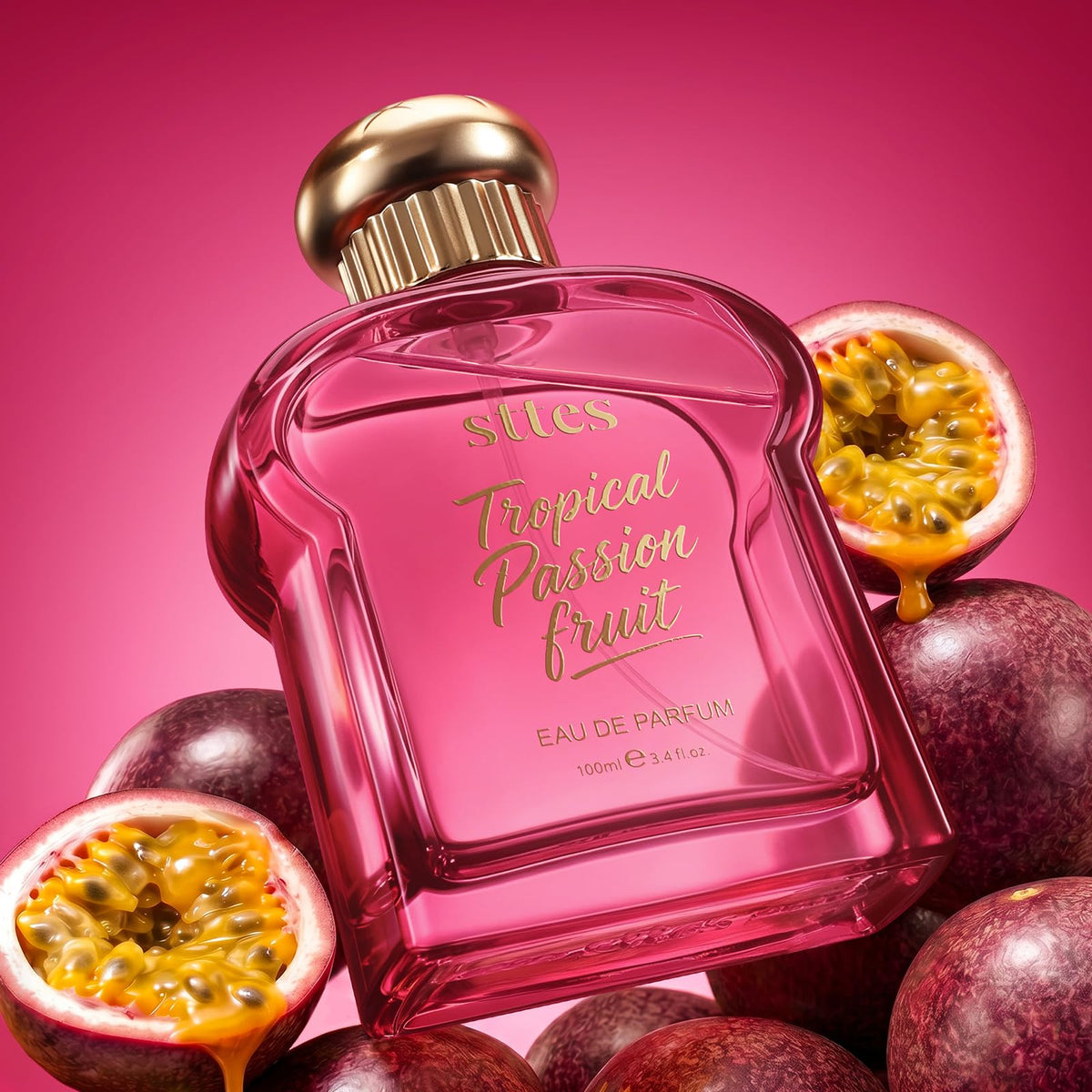 Sttes Tropical Passion Fruit Eau de Parfum on a vanity