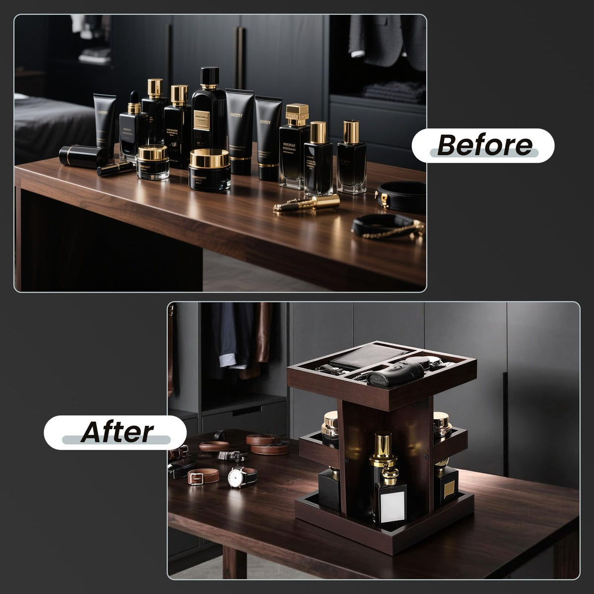 Stylish cologne organizer with various perfume bottles