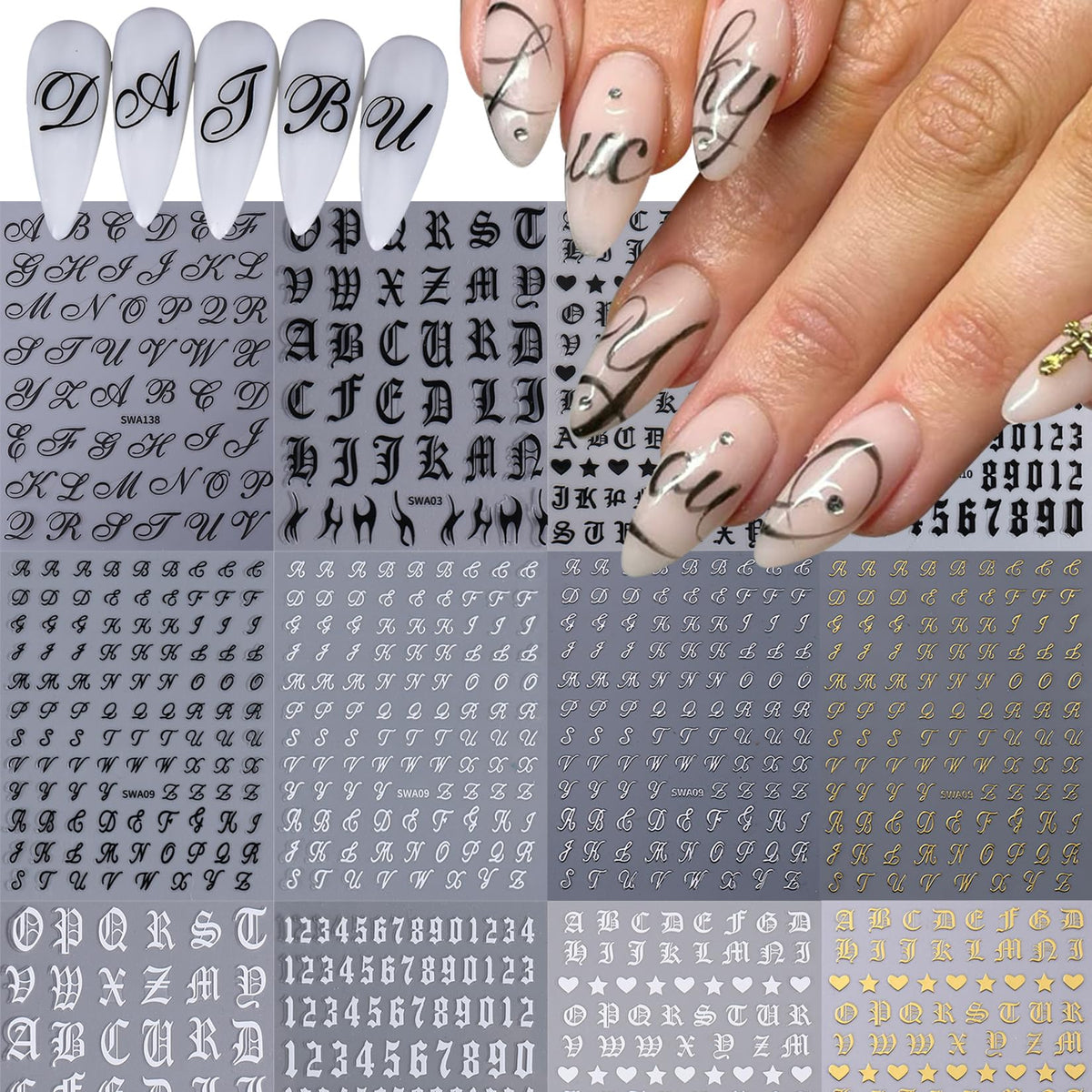 STZPRONAIL 3D Letter Nail Art Stickers in black, white, and gold