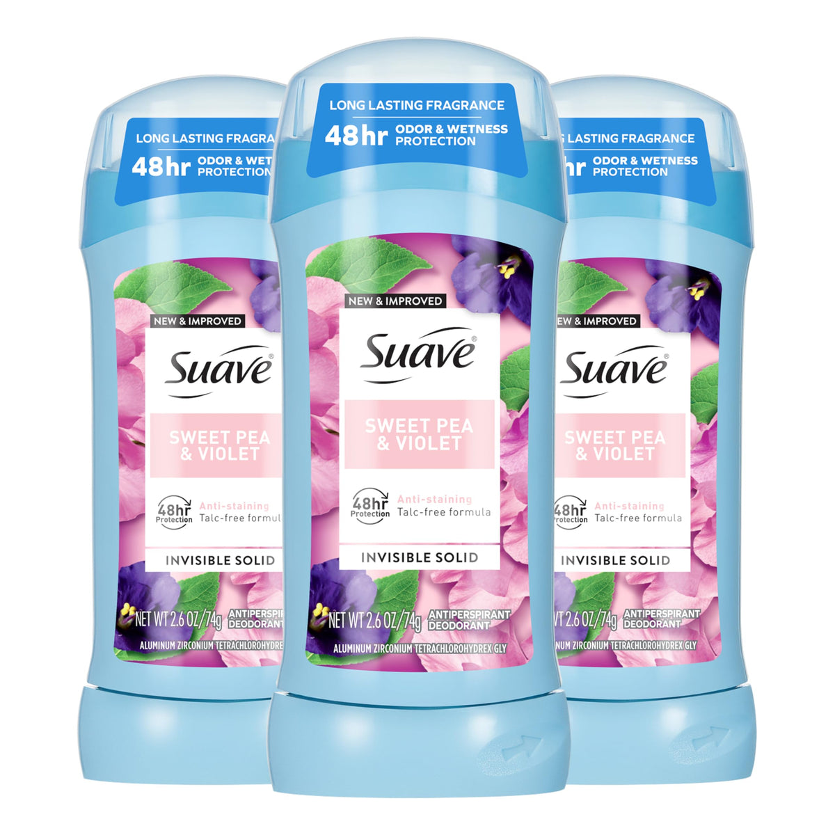 Suave Antiperspirant Deodorant for Women Sweet Pea 3 Pack front view
