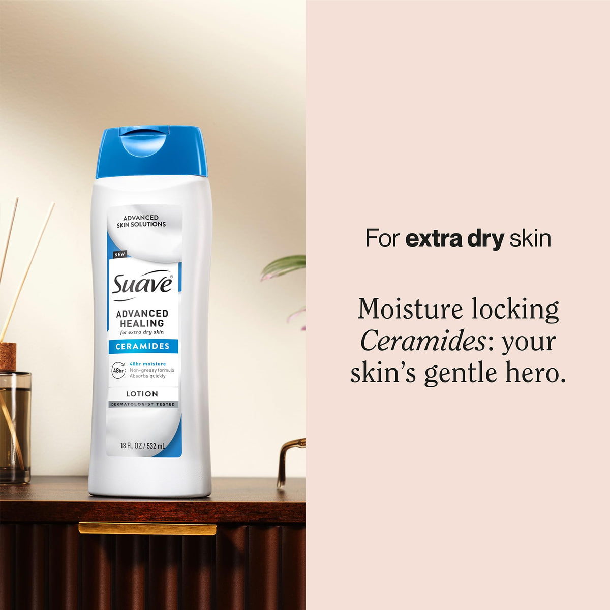 Suave Revitalizing Body Lotion Vitamin E on a bathroom shelf