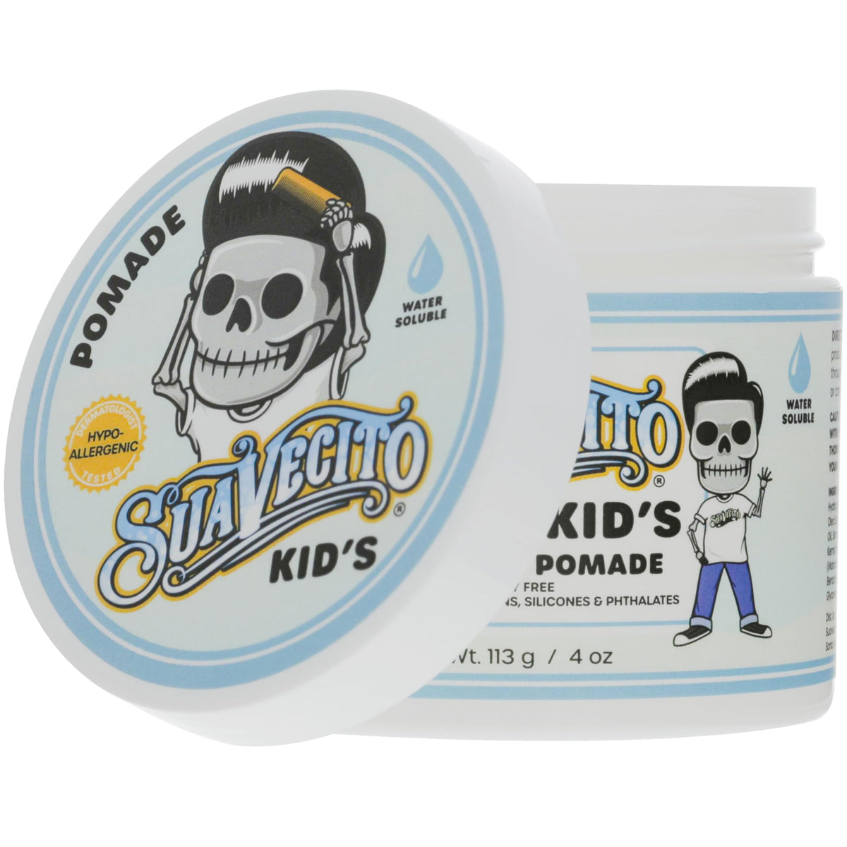 Suavecito Kid's Pomade 4 oz. on a bathroom shelf