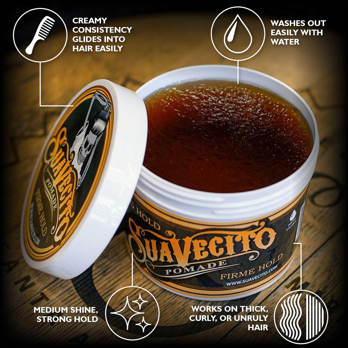Suavecito Pomade 32 oz tub with creamy texture close-up