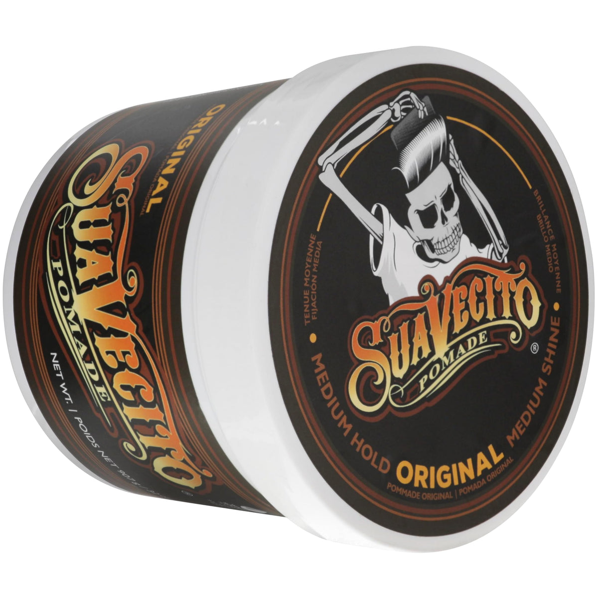 Suavecito Pomade medium shine finish on hair