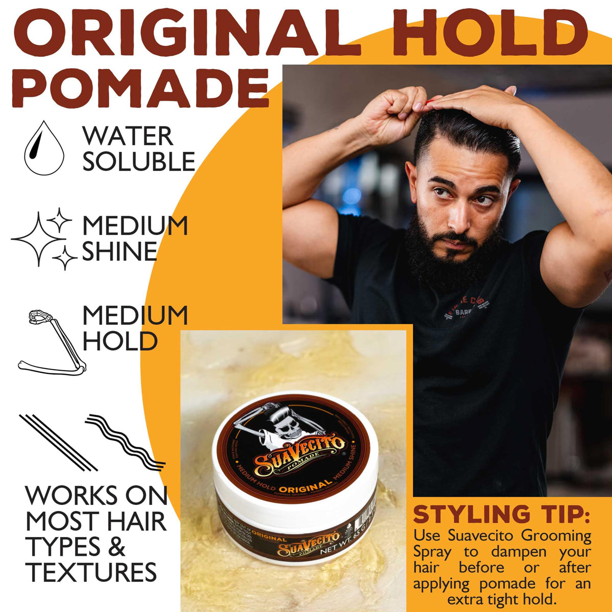 Suavecito Pomade Original Hold 2.3 oz applied on hair