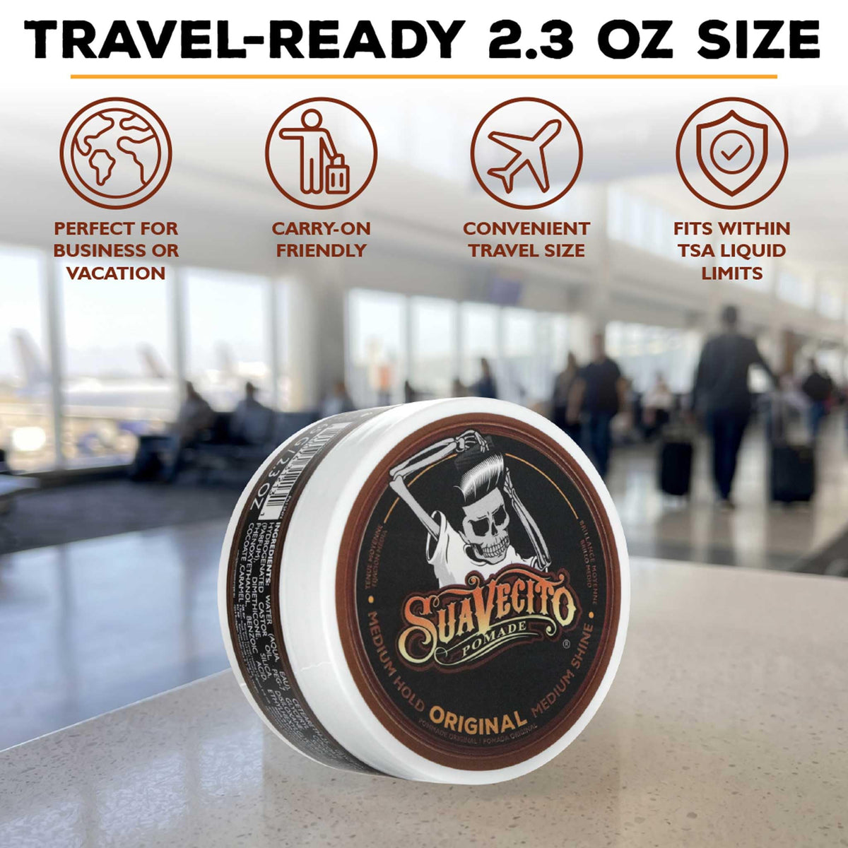 Suavecito Pomade Original Hold 2.3 oz lifestyle scene with travel bag