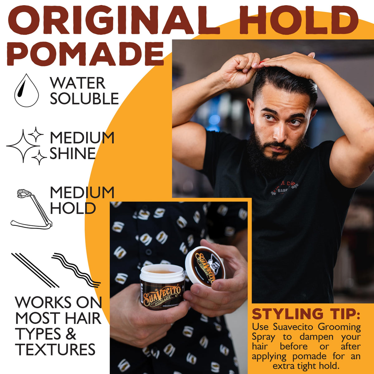 Suavecito Pomade Original used in a slick back hairstyle