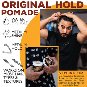 Suavecito Pomade Original used in a slick back hairstyle