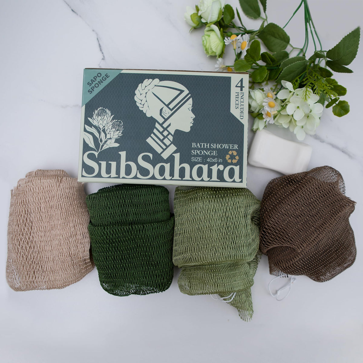 SubSahara African Net Sponge displayed with bar soap