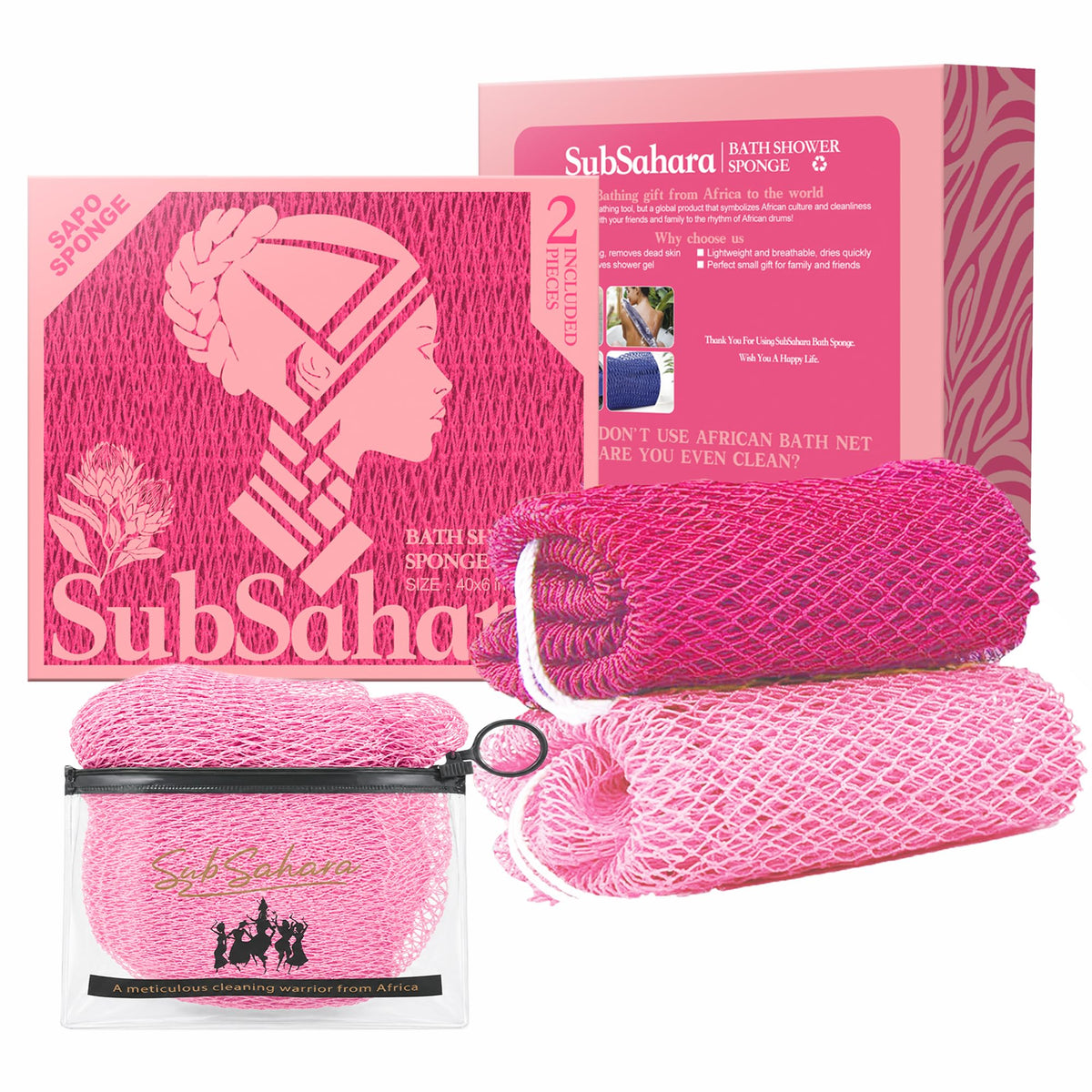 SubSahara Authentic African Net Sponge dark pink and light pink front view
