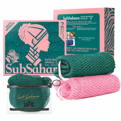 SubSahara Authentic African Net Sponge front view in light pink and teal