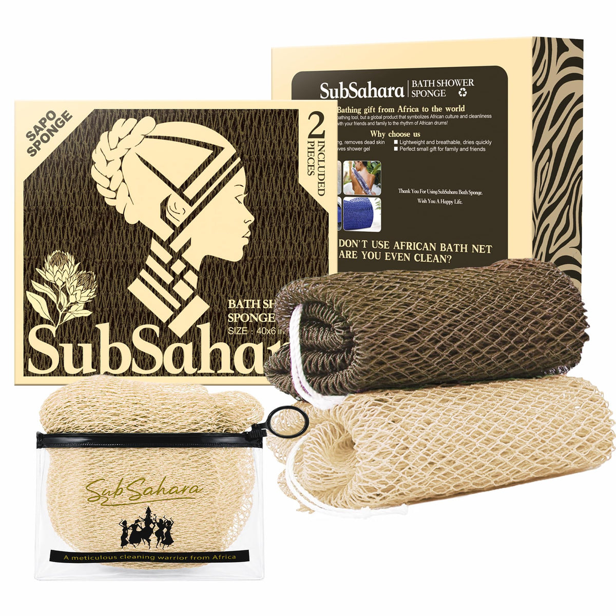 SubSahara Authentic African Net Sponge front view, Olive Green and Light Green