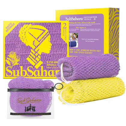 SubSahara Authentic African Net Sponge in lavender purple and bright yellow