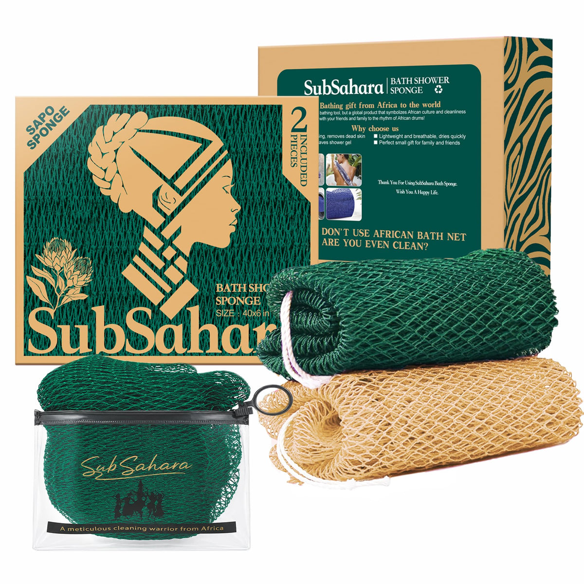 SubSahara Authentic African Net Sponge in Olive Green and Light Green