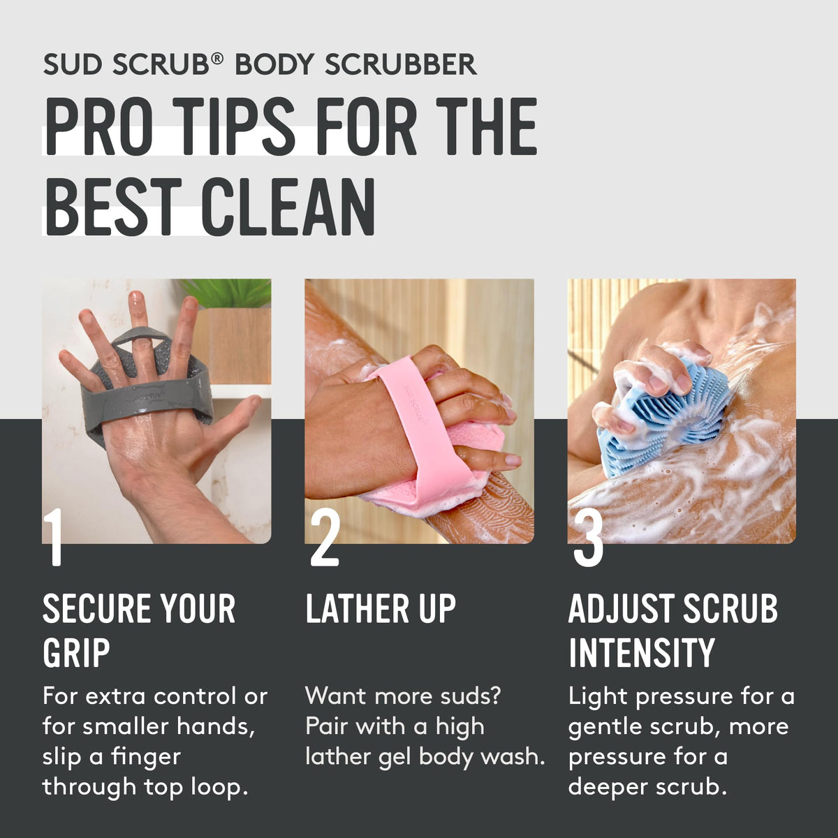 Sud Scrub Antimicrobial Silicone Body Scrubber displayed on a bathroom shelf