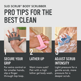 Sud Scrub Antimicrobial Silicone Body Scrubber displayed on a bathroom shelf