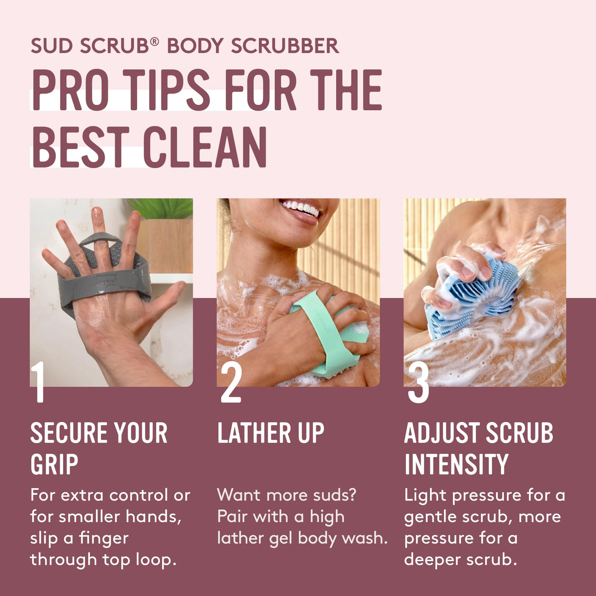 Sud Scrub Antimicrobial Silicone Body Scrubber displayed with bath accessories