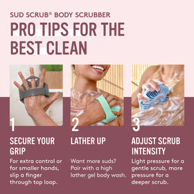 Sud Scrub Antimicrobial Silicone Body Scrubber displayed with bath accessories