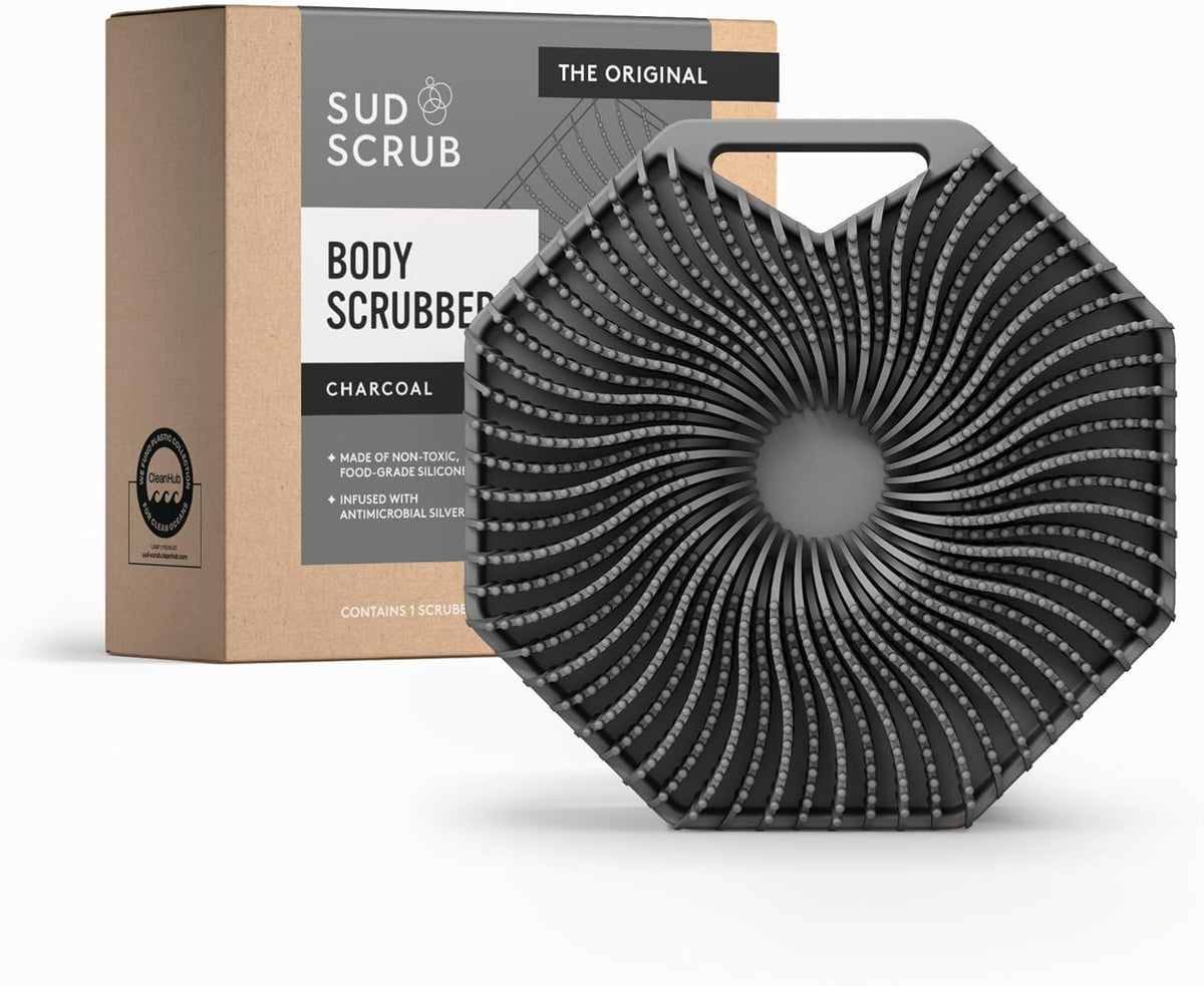Sud Scrub Antimicrobial Silicone Body Scrubber front view in charcoal
