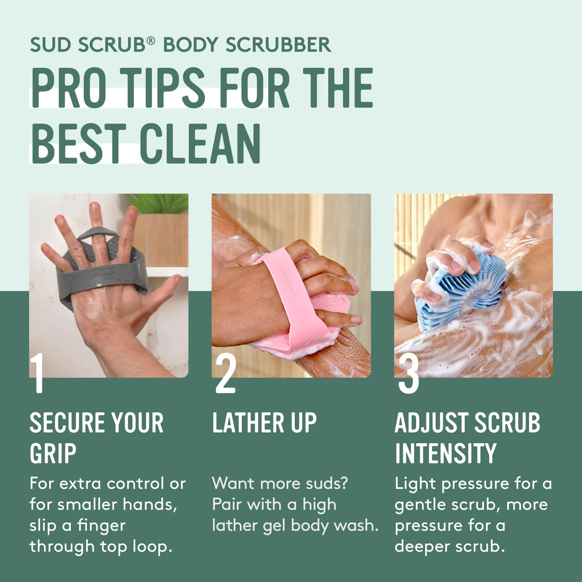 Sud Scrub Antimicrobial Silicone Body Scrubber in a bathroom setting