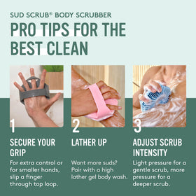 Sud Scrub Antimicrobial Silicone Body Scrubber in a bathroom setting