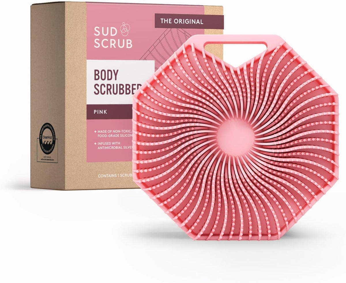 Sud Scrub Antimicrobial Silicone Body Scrubber in pink, front view