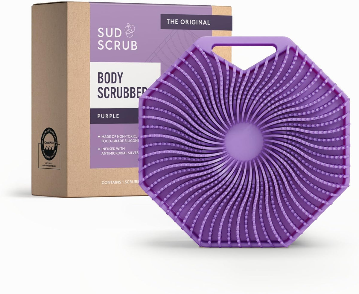 Sud Scrub Antimicrobial Silicone Body Scrubber in purple front view