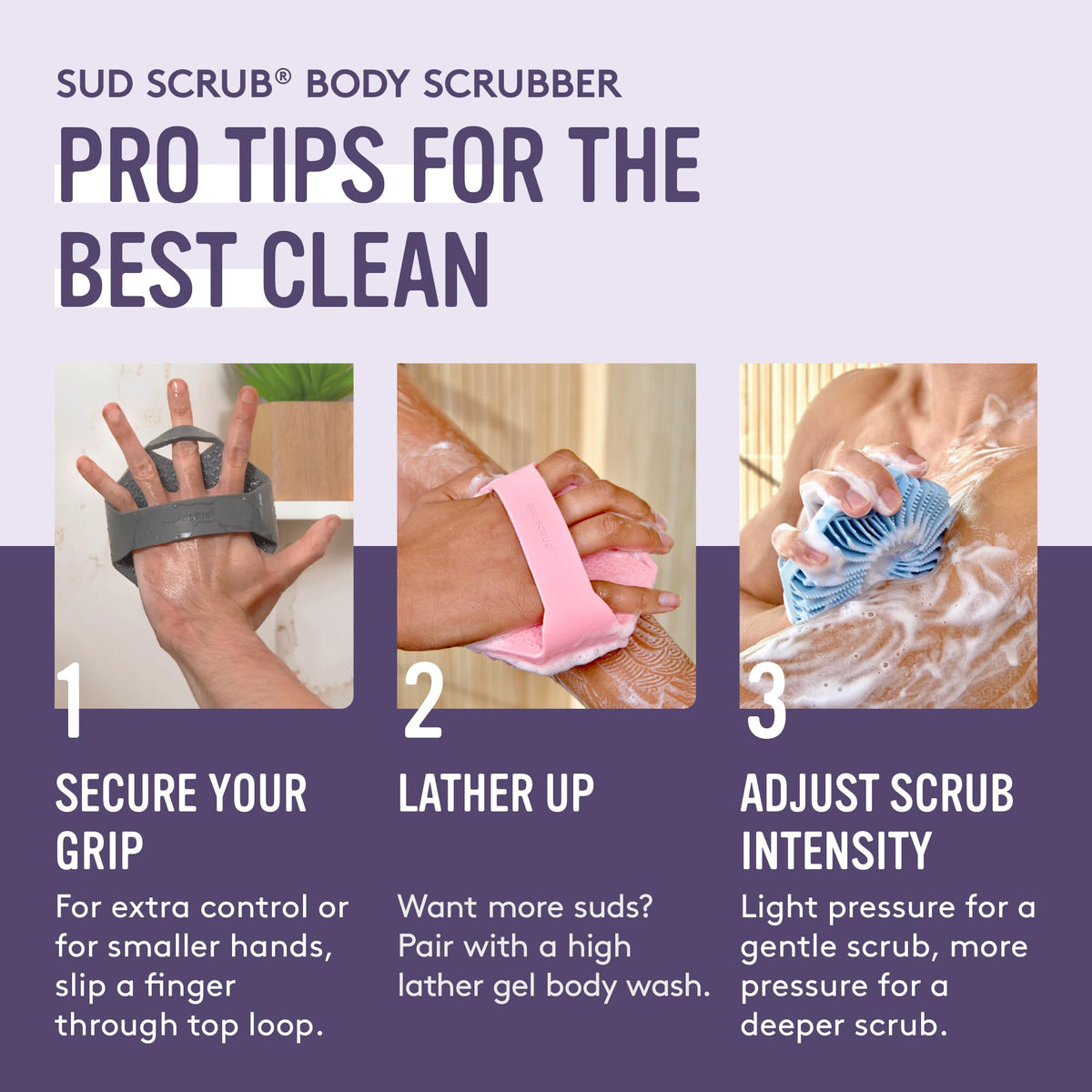 Sud Scrub Antimicrobial Silicone Body Scrubber on bathroom shelf