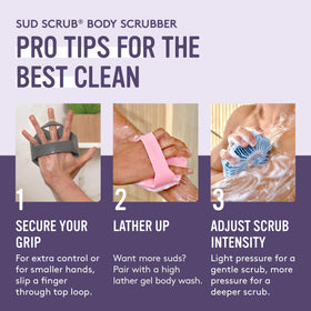 Sud Scrub Antimicrobial Silicone Body Scrubber on bathroom shelf